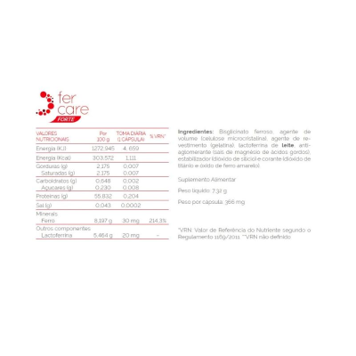 Tabela nutricional e ingredientes do suplemento Fer Care Forte