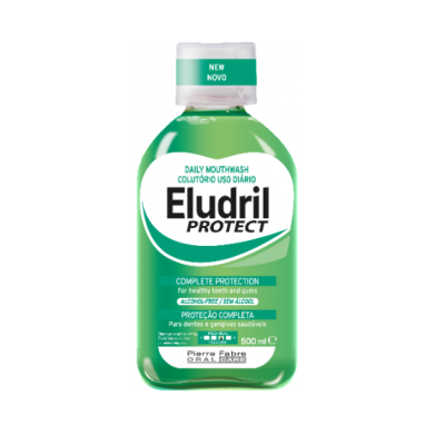 Frasco verde de enxaguante oral Eludril Protect com rótulo branco e verde