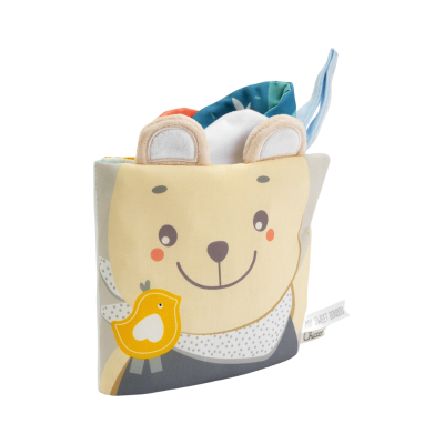Livro de pano para bebé com rosto de urso sorridente e pássaro amarelo