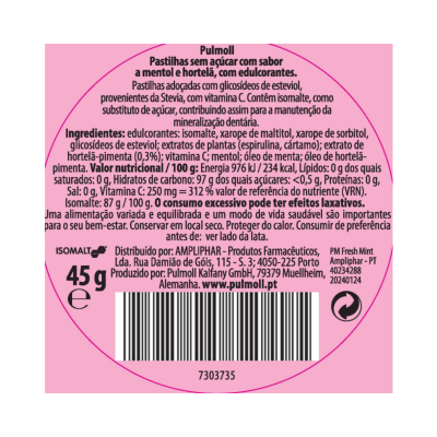 Etiqueta rosa redonda para pastilhas Pulmoll Mentol e Hortelã 45g com texto nutricional e código de barras