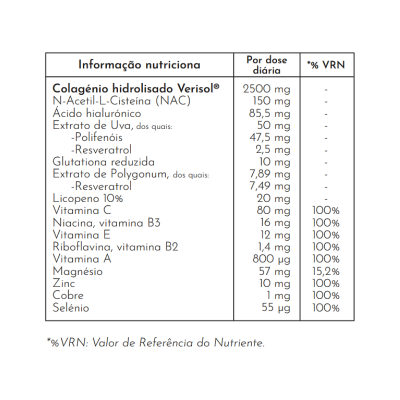 Tabela de informação nutricional detalhada de suplemento alimentar em português