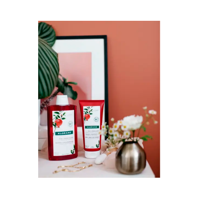 Dois produtos KLORANE com extrato de romã sobre mesa branca, com planta e vaso com flores ao fundo