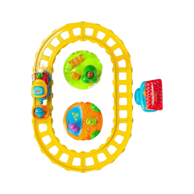 Brinquedo comboio com pista amarela, bases com animais e peça vermelha e azul em fundo branco