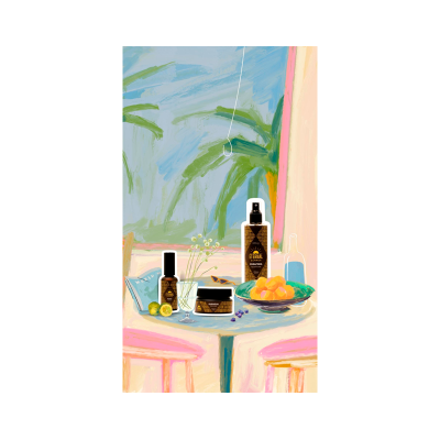 Produtos cosméticos ETERNAL em mesa decorada com fundo azul e folhas verdes.