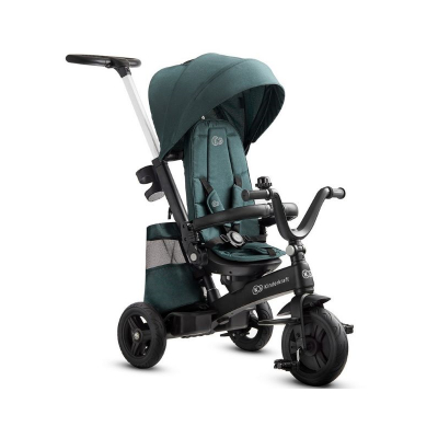 Triciclo infantil verde com estrutura preta e capota