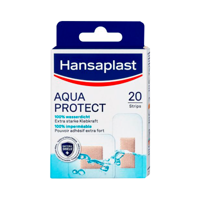 Caixa Hansaplast Aqua Protect 20 tiras com texto e imagem de curativo