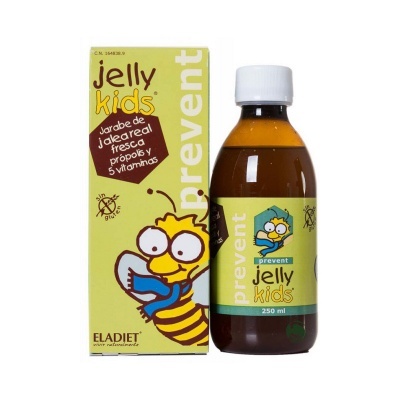 Frasco e caixa do xarope Jelly Kids com design amarelo e desenho de abelha