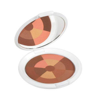 Paleta de maquilhagem redonda com várias cores e espelho interno.