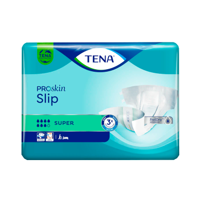 Embalagem de pensos absorventes TENA ProSkin Slip Super azul e verde
