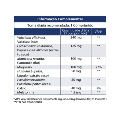 Tabela com informação complementar de suplemento alimentar com doses e ingredientes