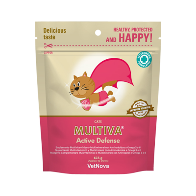 Embalagem de suplemento multivitamínico para gatos com desenho de gato super-herói