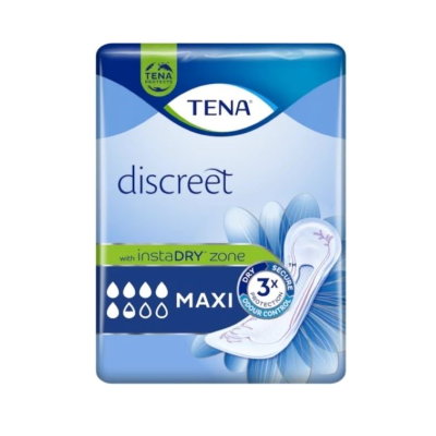 Pacote azul e branco de pensos higiénicos TENA Discreet Maxi com tecnologia instaDRY zone