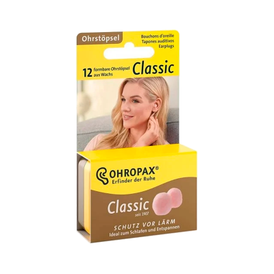 Caixa amarela e castanha de tampões de ouvido OHROPAX Classic com imagem de mulher loira