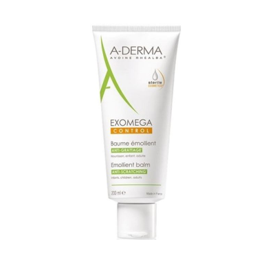 Tubo branco de creme A-DERMA Exomega Control 200 ml com texto em verde e dourado