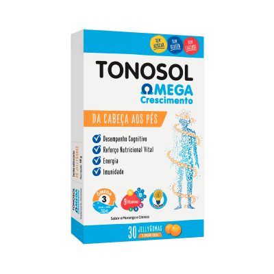 Embalagem de suplemento alimentar Tonosol Omega Crescimento com 30 jellygomas