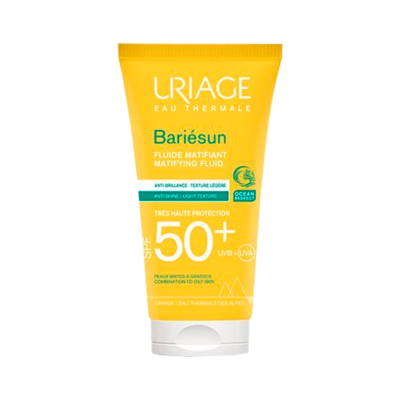 Frasco amarelo de fluido matificante SPF 50+ da Uriage Bariésun