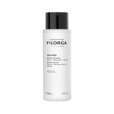 Frasco de solução micelar FILORGA SKIN-PREP branco com tampa preta