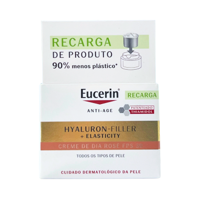 Embalagem de recarga de creme de dia Eucerin Anti-Age Hyaluron-Filler + Elasticity em fundo branco