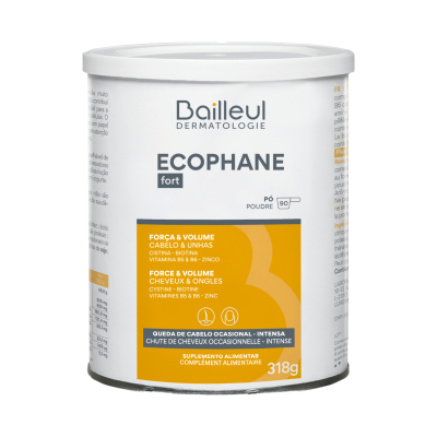 Embalagem cilíndrica branca do suplemento Ecophane fort para cabelo e unhas da Bailleul Dermatologie