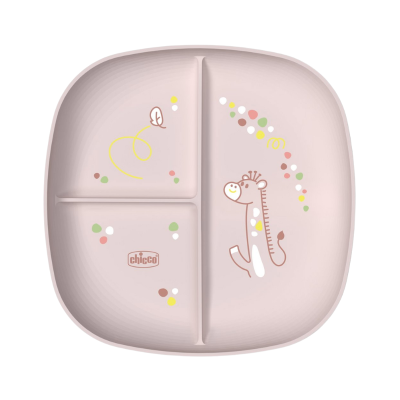 Prato infantil rosa claro com divisórias e ilustração de girafa