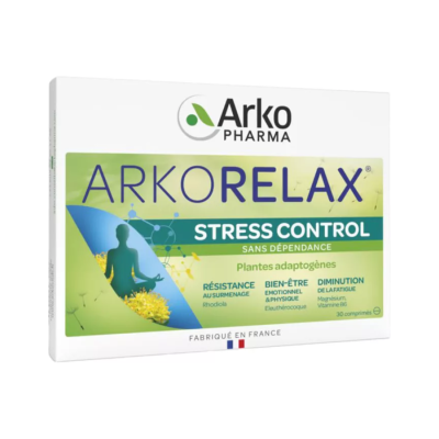 Embalagem do suplemento ARKORELAX Stress Control da Arko Pharma com texto em francês e português