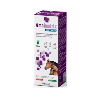 Embalagem da loção Omnimatrix Septifree para cuidados cutâneos com imagens de um cavalo e um cão