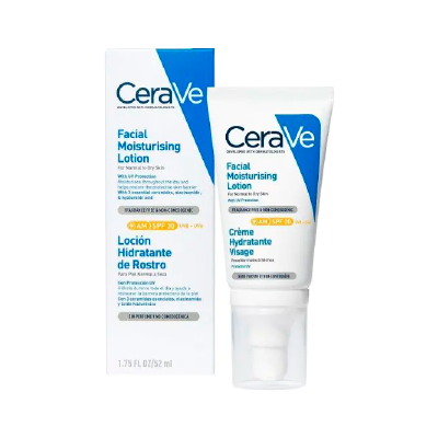 Loção hidratante facial CeraVe com embalagem branca e azul, proteção UV FPS 30