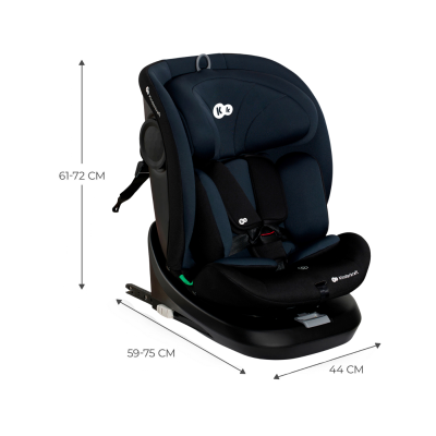Cadeira auto infantil Kinderkraft preta e azul escuro com cintos de segurança e dimensões mostradas.
