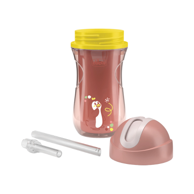 Copo biberão Chicco rosa e amarelo com desenho de pinguim e acessórios