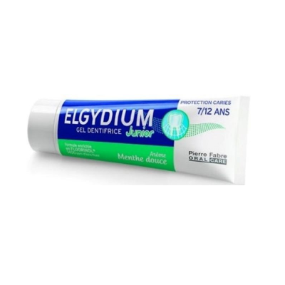 Tubo de gel dentífrico ELGYDIUM Junior azul, branco e verde para crianças 7-12 anos