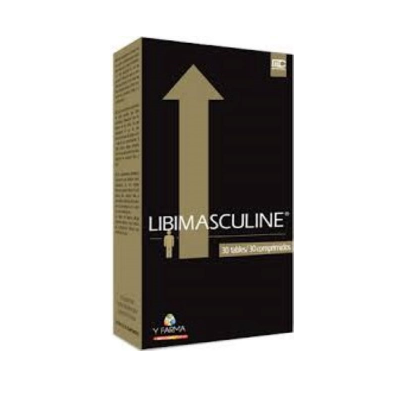 Embalagem preta de comprimidos LIBIMASCULINE com seta dourada e texto branco e dourado