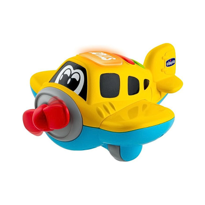 Brinquedo avião infantil amarelo e azul com hélice vermelha e logo Chicco