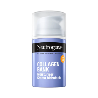 Frasco de creme hidratante Neutrogena Collagen Bank azul com tampa branca