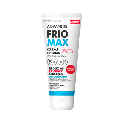 Tubo branco e azul de creme ADVANCIS FRIO MAX para mãos, pés e rosto