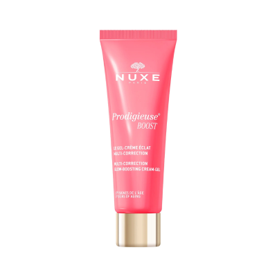 Frasco tubo rosa de creme facial NUXE Prodigieuse Boost com tampa dourada