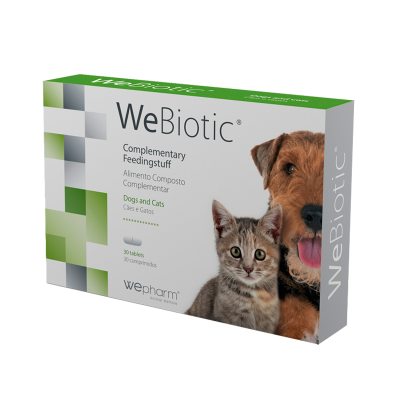 Embalagem WeBiotic para cães e gatos com imagem de um cão e um gato