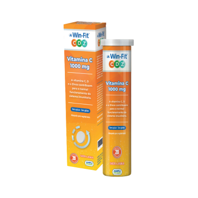 Win-Fit CDZ Vitamina C 1000 mg tubo e caixa laranja e branco, suplemento em comprimidos efervescentes sabor laranja