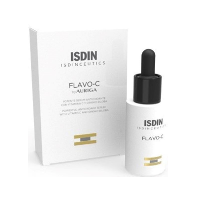 Sérum antioxidante ISDIN Flavo-C com frasco branco e conta-gotas preto junto à embalagem branca