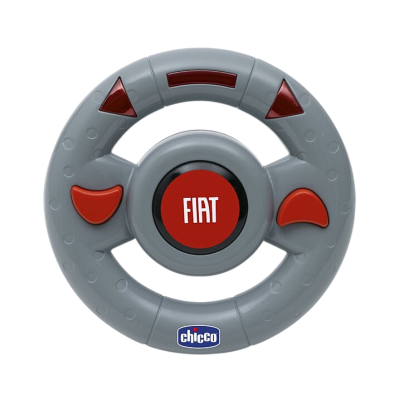 Volante de brinquedo cinzento com botões vermelhos, marca FIAT e logótipo Chicco.