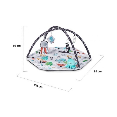 Tapete de atividades para bebés com padrão de animais marinhos e barras com bolas brancas