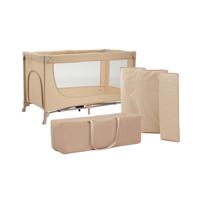 Berço portátil bege com almofada e bolsa de transporte