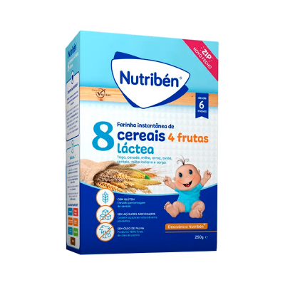 Pacote de farinha instantânea Nutriben 8 cereais 4 frutas para bebés