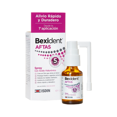 Spray Bexident AFTAS com embalagem branca e roxa