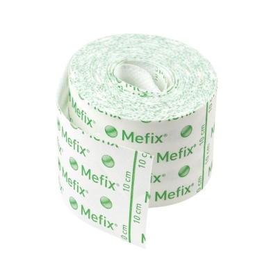 Rolo de fita adesiva branca com texto verde Mefix