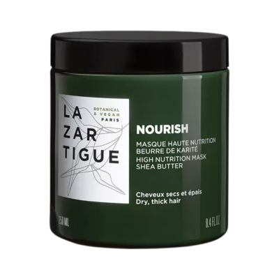 Pote verde escuro de máscara capilar com tampa preta e rótulo branco LAZARTIGUE NOURISH