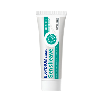 Tube branco de dentífrico ELGYDIUM CLINIC Sensileave com desenho de dente