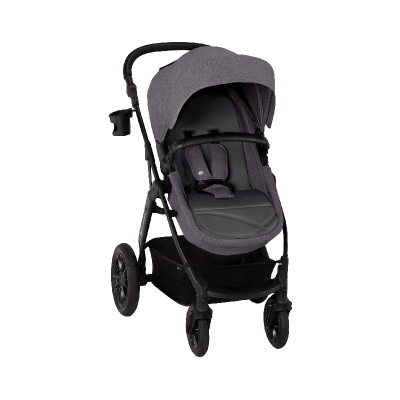 Carrinho de bebé cinzento escuro com estrutura preta e capota ajustável