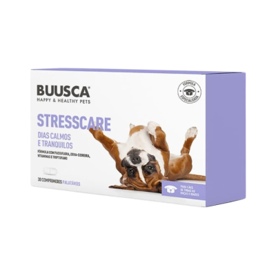 Embalagem BUUSCA StressCare para cães com imagem de cão de barriga para cima