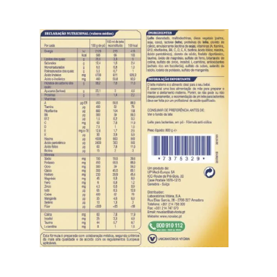 Etiqueta de fórmula infantil em pó com informações nutricionais e ingredientes