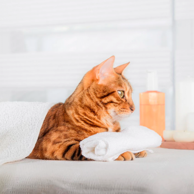 Gato tigrado castanho deitado em toalha branca com garrafa e velas ao fundo